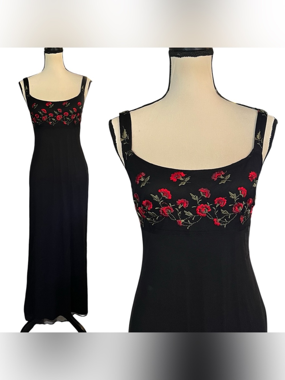 Vintage 90s Laundry by Shelli Segal Sheer Mesh Floral Embroidery Vamp Slip Dress